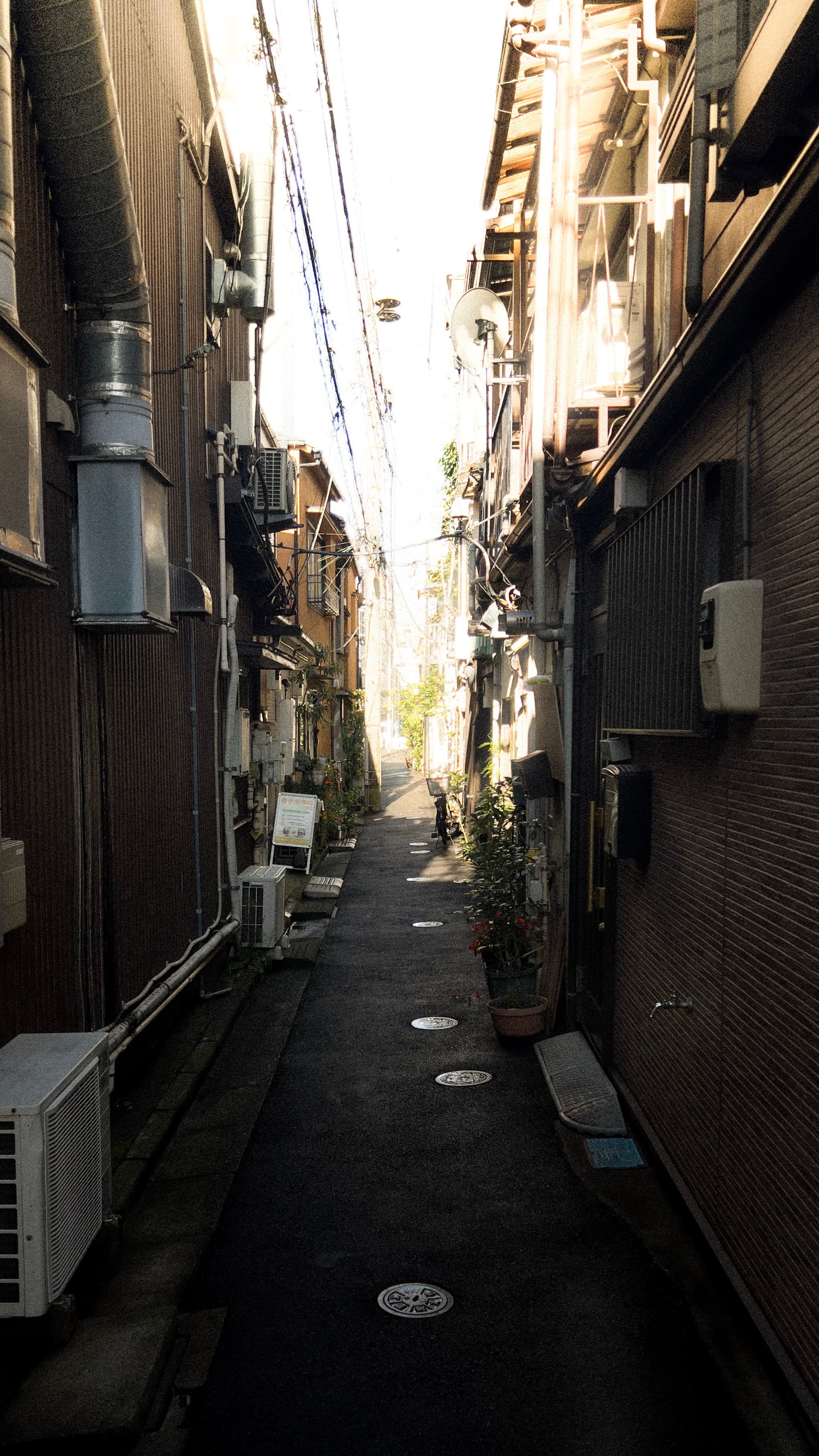 A narrow Japanese alley lined with buildings and afternoon light