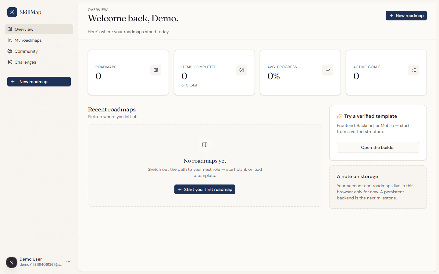 SkillMap dashboard with roadmap activity and progress